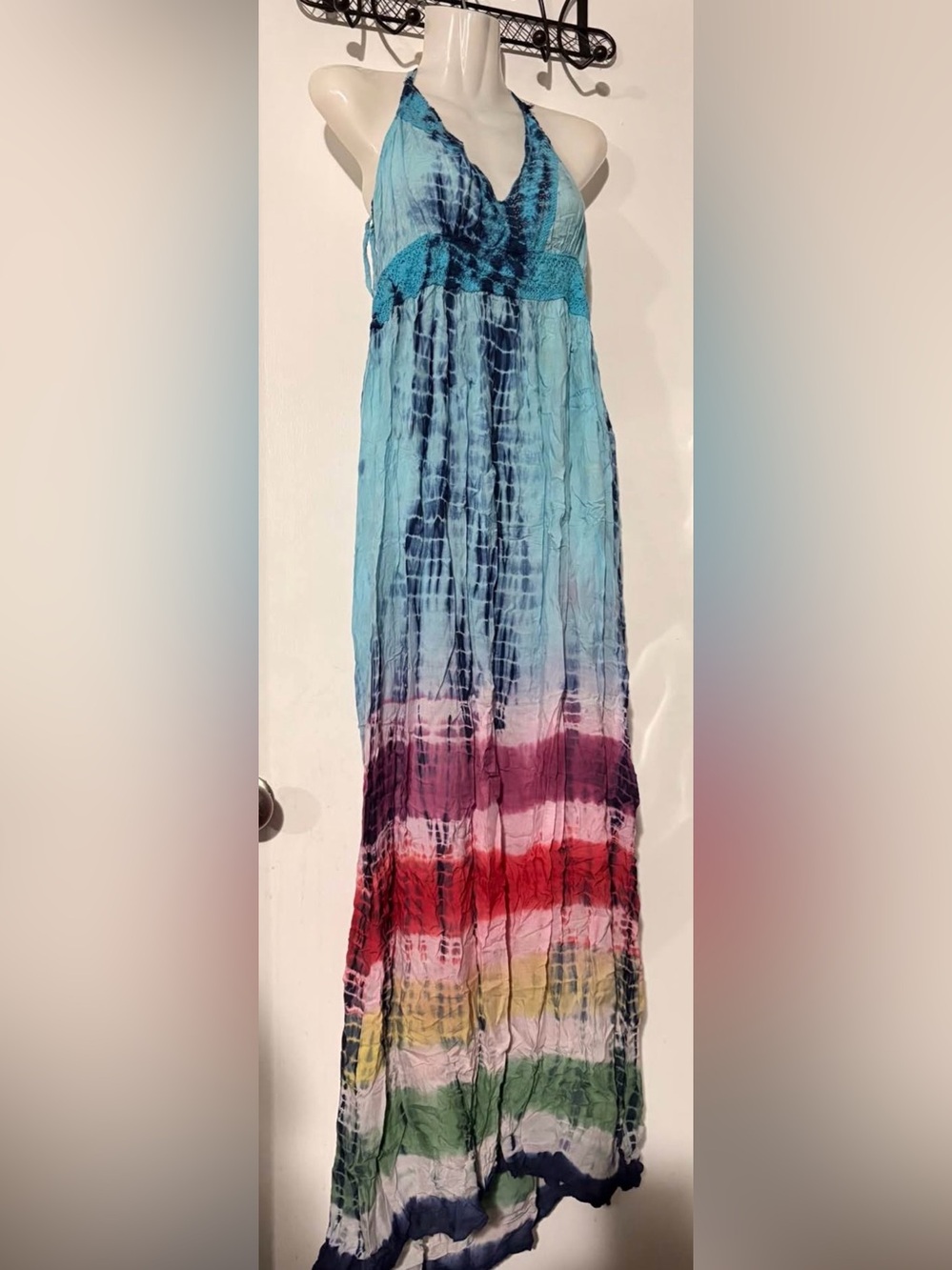 Boho Tie-Dye Halter Maxi Skirt in Blue, Pink & Red